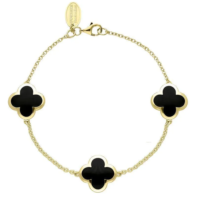 9ct Yellow Gold Whitby Jet Bloom Four Leaf Clover Chain Bracelet sold by Jura Watches