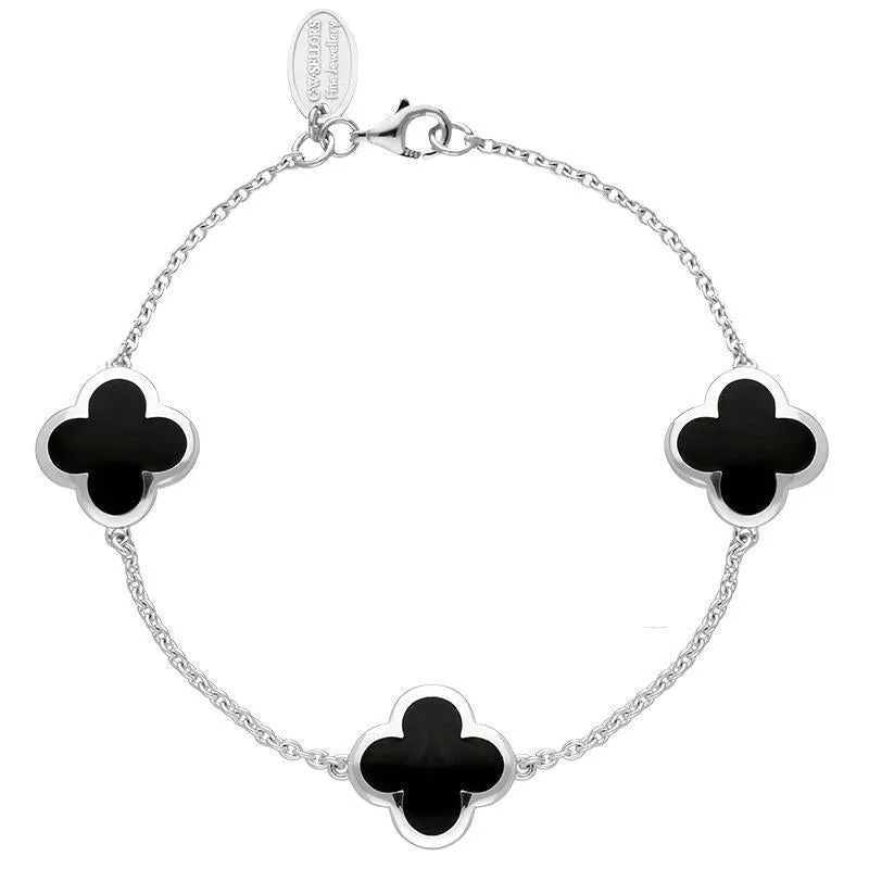 9ct White Gold Whitby Jet Bloom Four Leaf Clover Chain Bracelet sold by Jura Watches