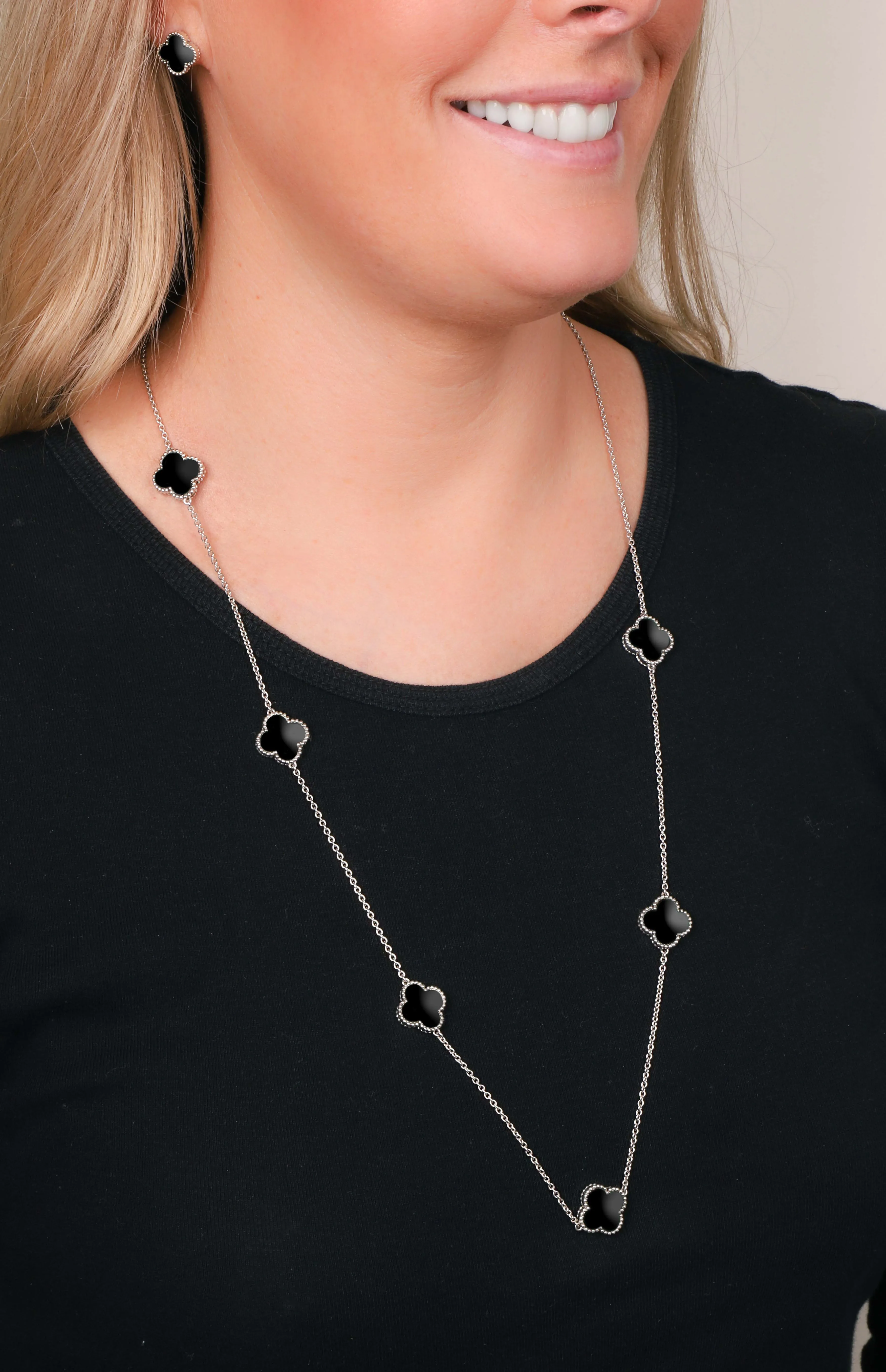 9ct White Gold Whitby Jet Bloom Four Leaf Clover Ball Edge Long Necklace sold by Jura Watches product image thumbnail 2