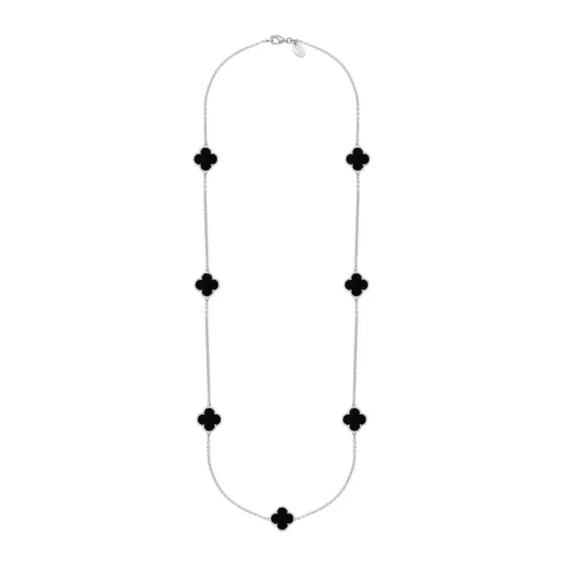 9ct White Gold Whitby Jet Bloom Four Leaf Clover Ball Edge Long Necklace sold by Jura Watches