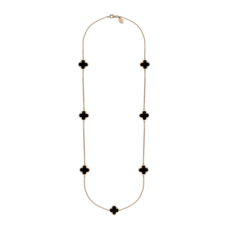 9ct Rose Gold Whitby Jet Bloom Four Leaf Clover Long Necklace sold by Jura Watches