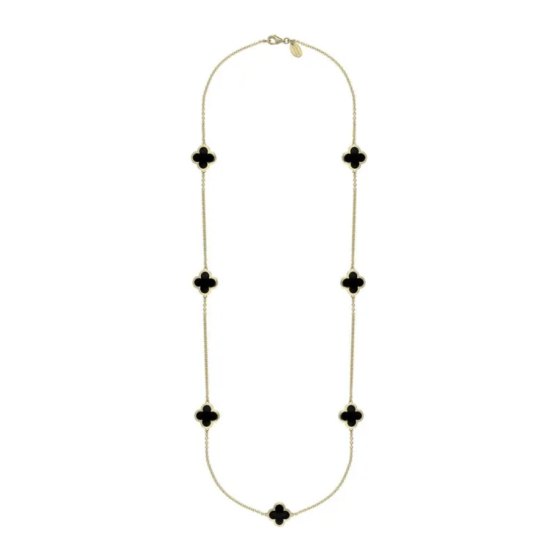 9ct Yellow Gold Whitby Jet Bloom Four Leaf Clover Long Necklace sold by Jura Watches
