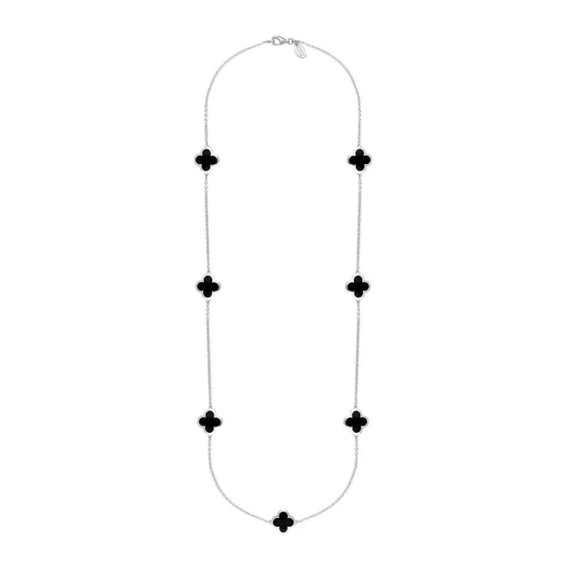 Sterling Silver Whitby Jet Bloom Four Leaf Clover Long Necklace sold by Jura Watches