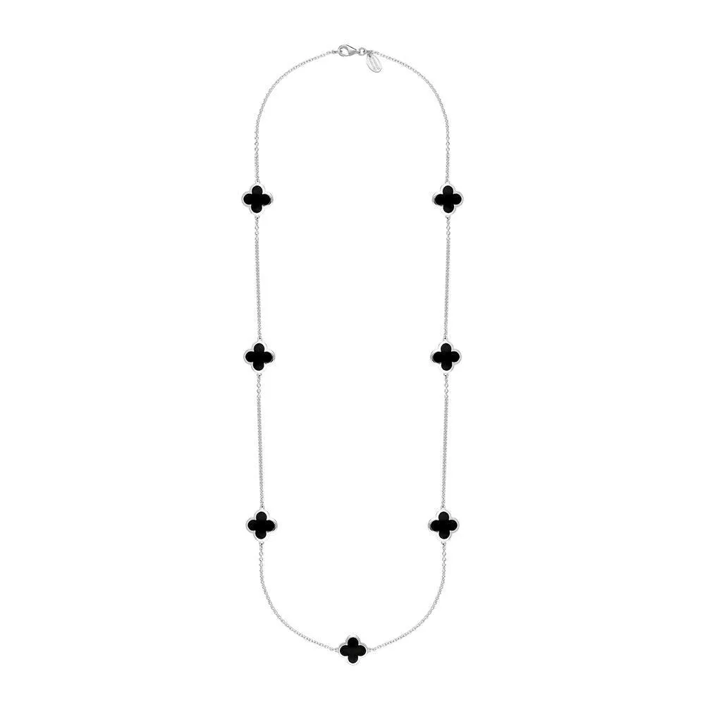 Sterling Silver Whitby Jet Bloom Four Leaf Clover Long Necklace sold by Jura Watches