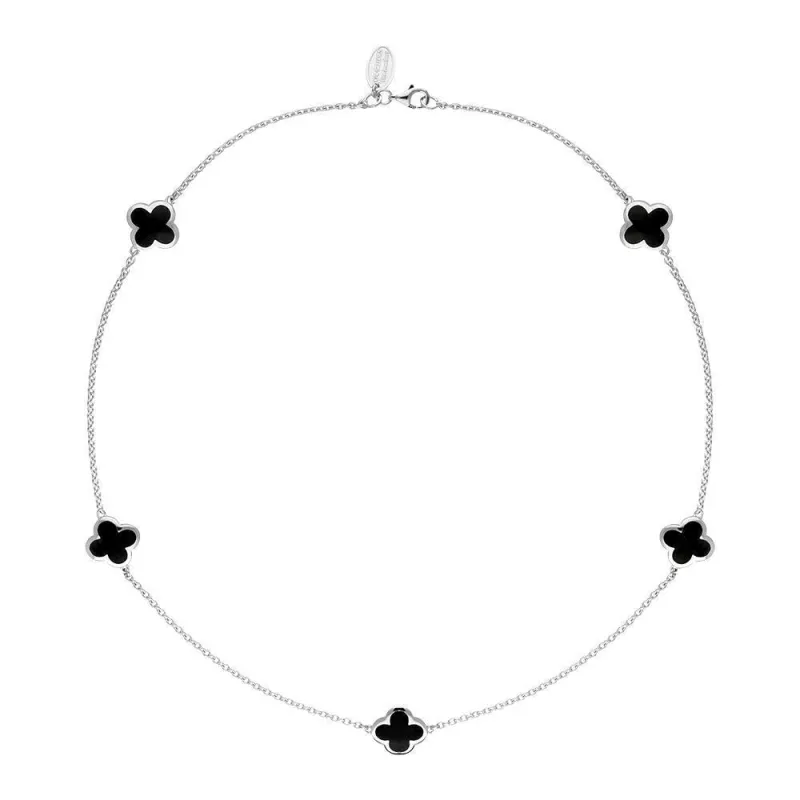 9ct White Gold Whitby Jet Bloom Four Leaf Clover Necklace sold by Jura Watches