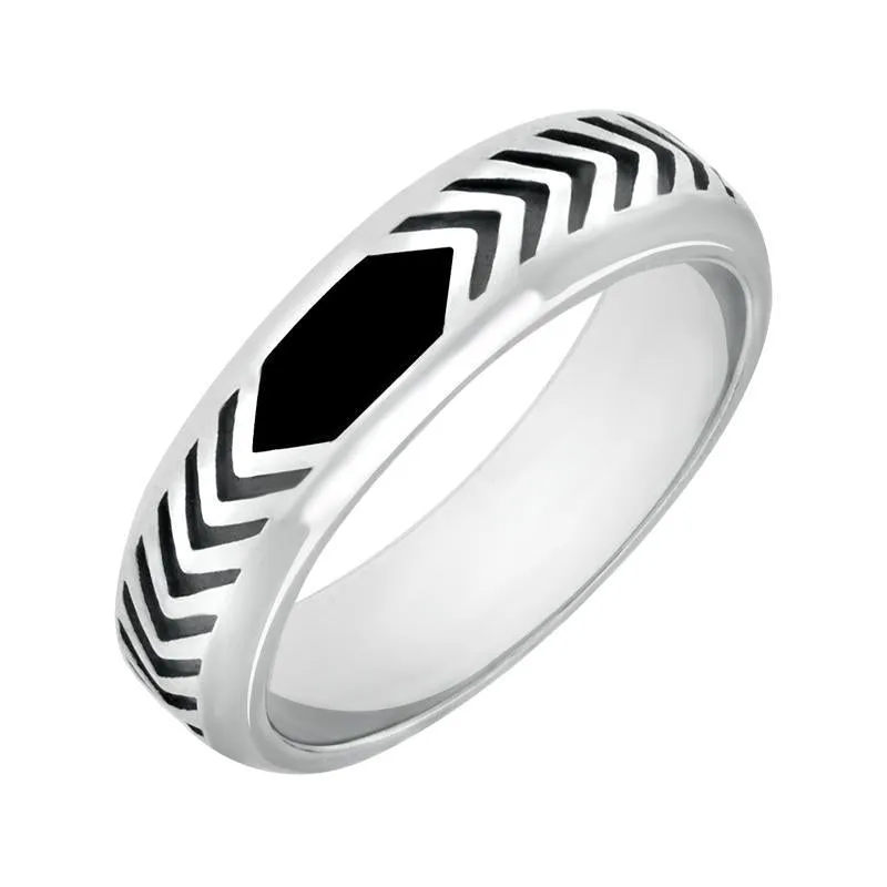 Sterling Silver Whitby Jet Chevron Patterned 6mm Band Ring sold by Jura Watches