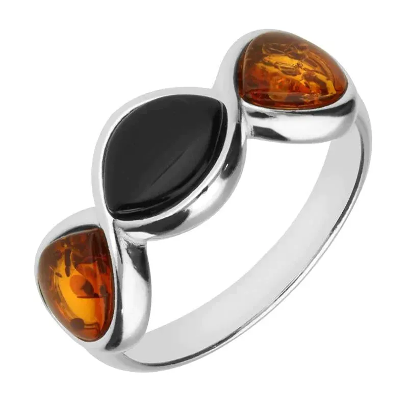 Sterling Silver Whitby Jet Amber Three Stone Pear Marquise Ring sold by Jura Watches