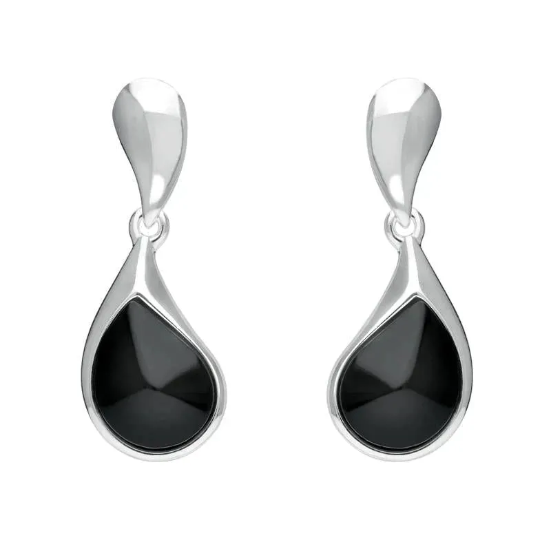 Sterling Silver Whitby Jet Curved Pear Drop Earrings sold by Jura Watches