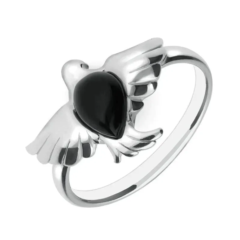 Sterling Silver Whitby Jet Pear Stone Bird Ring sold by Jura Watches