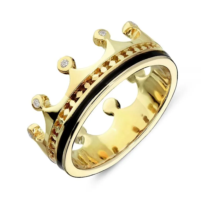 18ct Yellow Gold Whitby Jet Diamond Tiara Patterned Band Ring made by C.W. Sellors