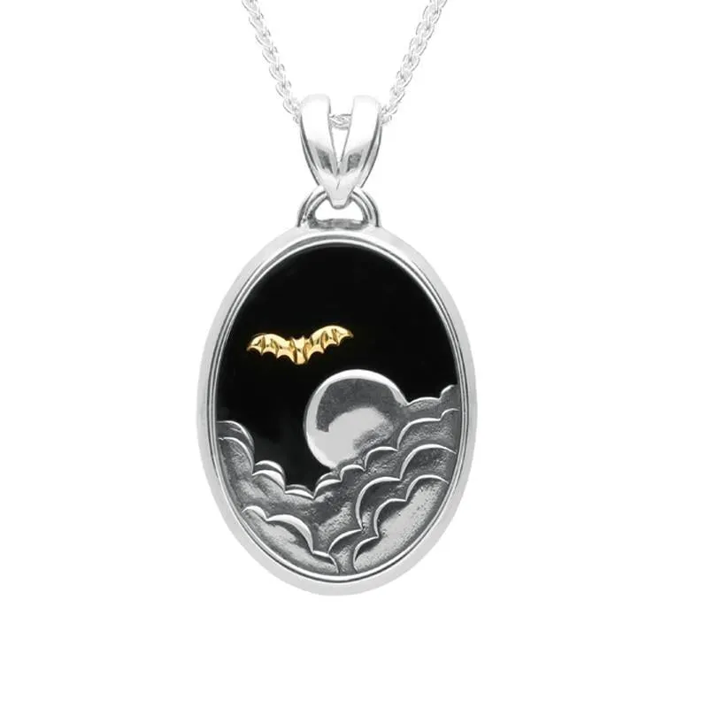 Sterling Silver 9ct Yellow Gold Whitby Jet Oval Moon Bat Necklace sold by Jura Watches