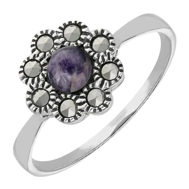 Sterling Silver Blue John Marcasite Round Beaded Edge Ring sold by Jura Watches