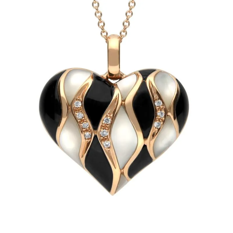 18ct Rose Gold Whitby Jet Mother of Pearl Diamond Wavy Heart Necklace sold by Jura Watches