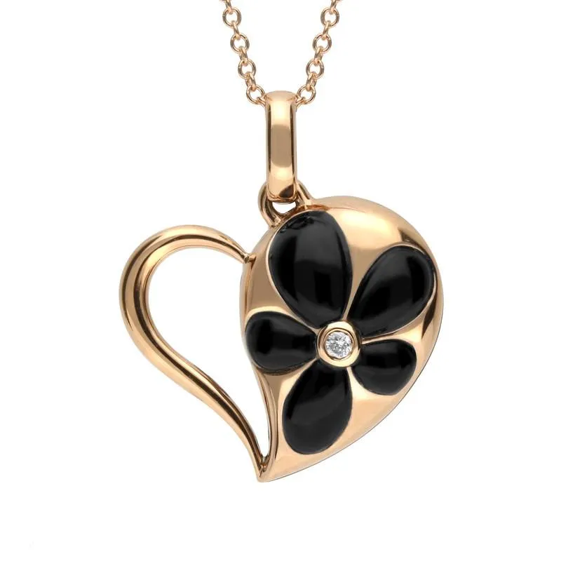18ct Rose Gold Whitby Jet Diamond Flower Open Heart Necklace sold by Jura Watches