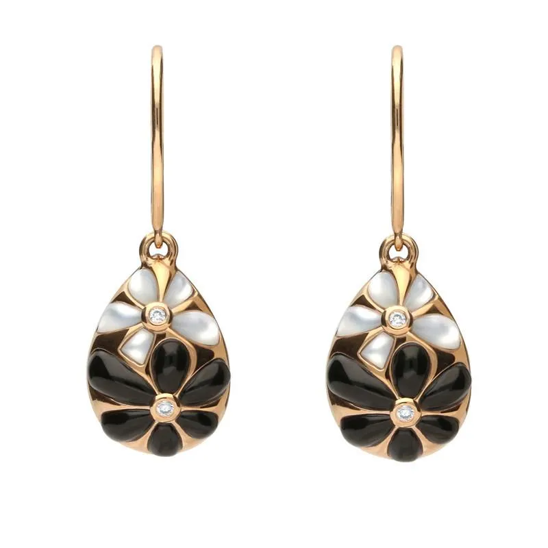 18ct Rose Gold Whitby Jet 0.02 Carat Diamond Mother of Pearl Drop Earrings sold by Jura Watches