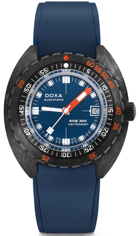 Doxa Ex-Display SUB 300 Carbon COSC Caribbean Rubber Watch sold by Jura Watches