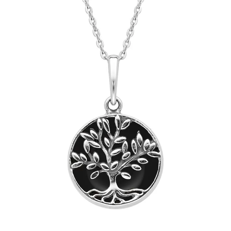Sterling Silver Whitby Jet Small Round Large Leaves Tree of Life Necklace sold by Jura Watches