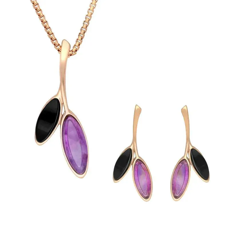 Rose Gold Plated Sterling Silver Whitby Jet Amethyst Leaf Drop Two Piece Set sold by Jura Watches