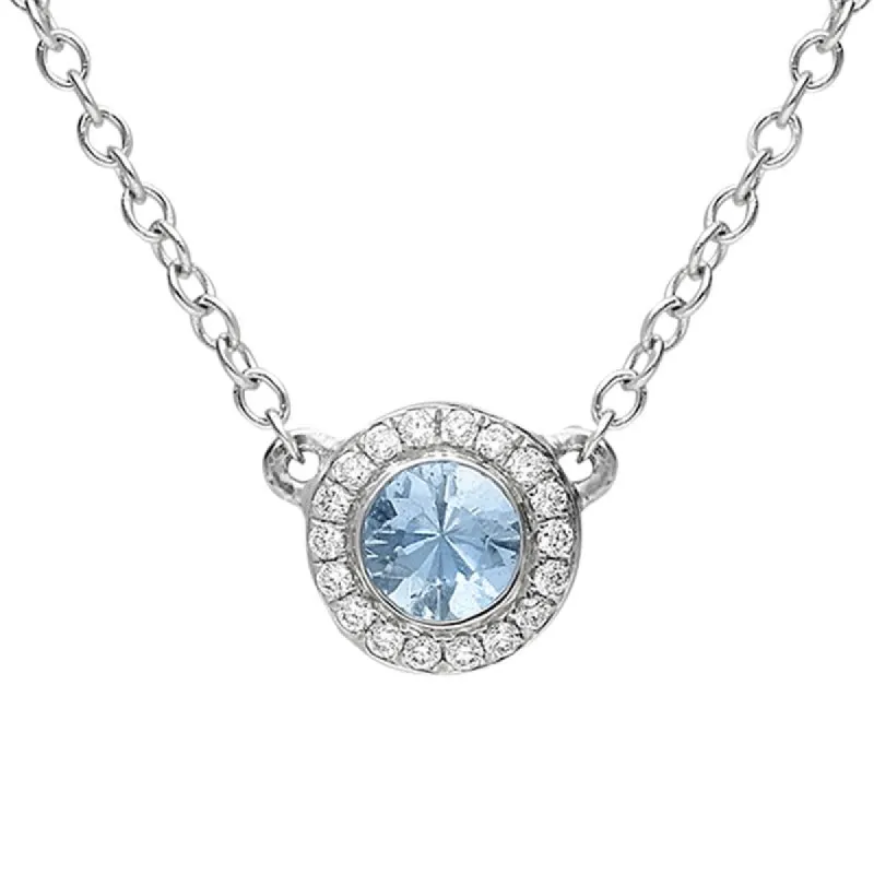 18ct White Gold Aquamarine Diamond Halo Necklace D sold by Jura Watches