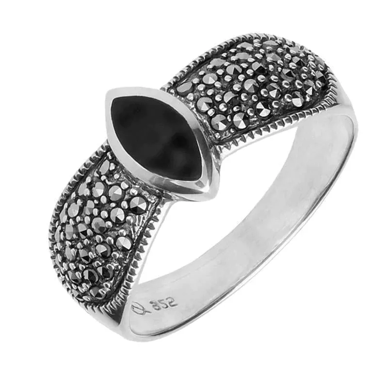 Sterling Silver Whitby Jet Marcasite Shoulder Ring sold by Jura Watches