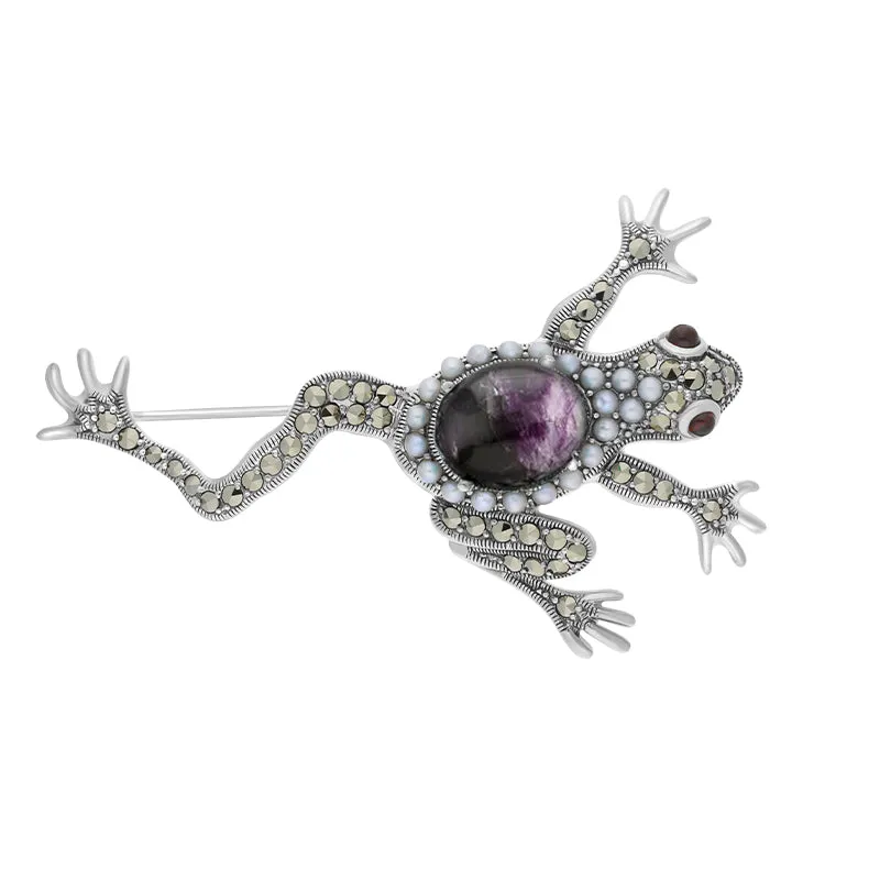 Sterling Silver Blue John Marcasite Pearl Frog Brooch made by C.W. Sellors