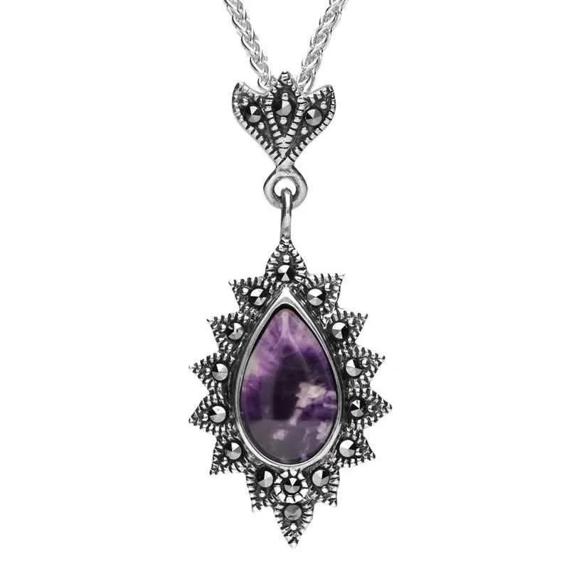 Sterling Silver Blue John Marcasite Beaded Edge Pear Necklace sold by Jura Watches