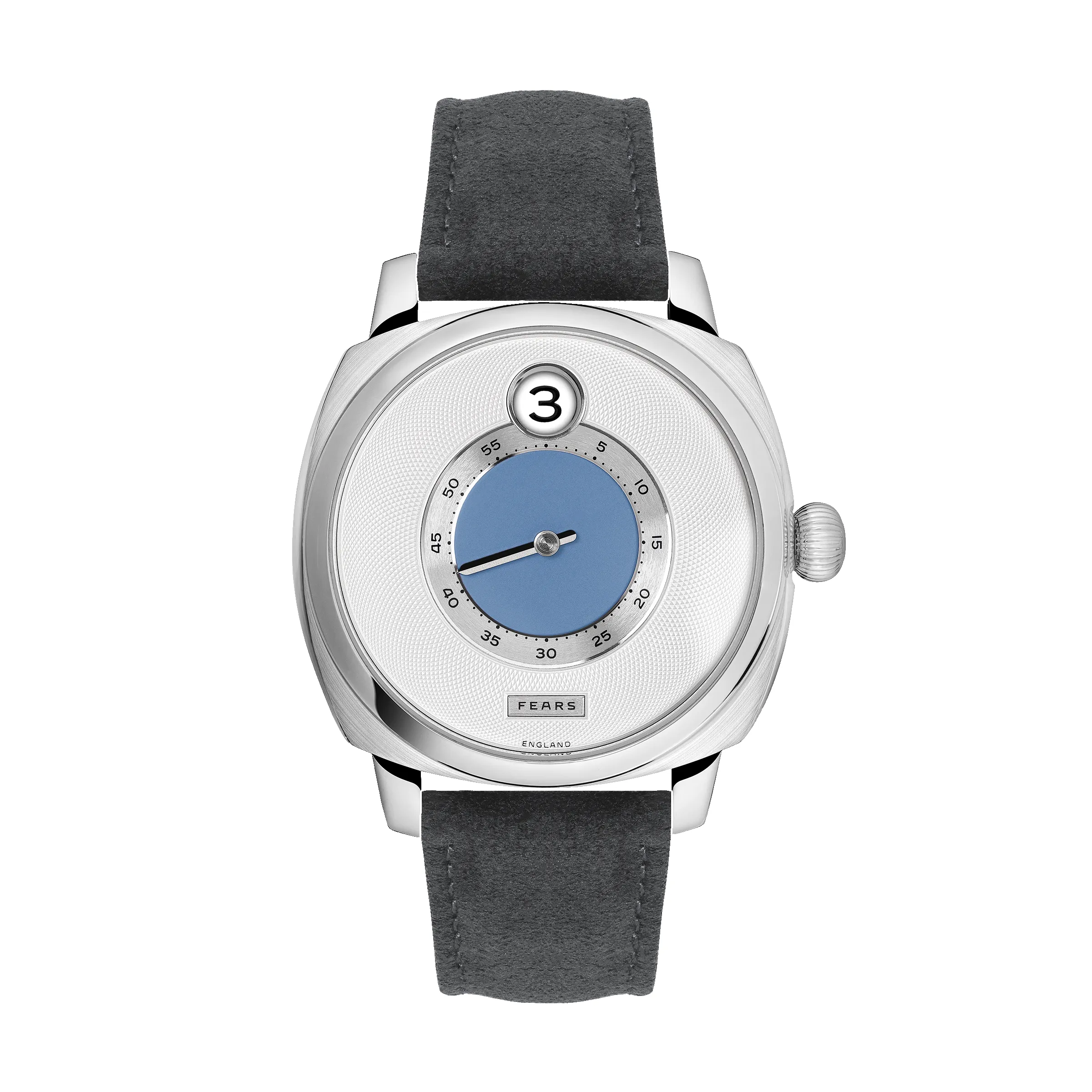 Fears Brunswick 40.5 Jump Hour China Blue Alcantara Watch sold by Jura Watches