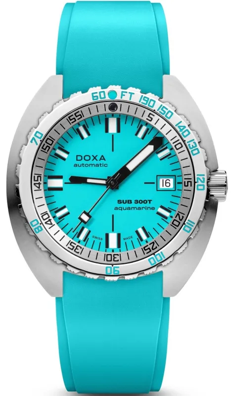 Doxa Sub 300T Aquamarine Rubber Watch made by Jura Watches