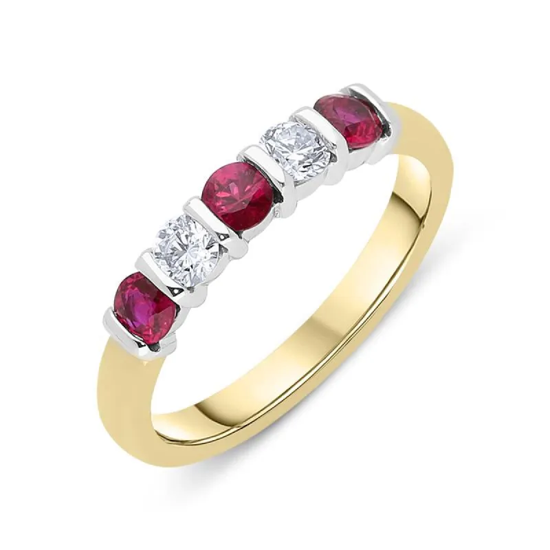 18ct Yellow Gold Ruby Diamond Five Stone Bar Set Ring sold by Jura Watches