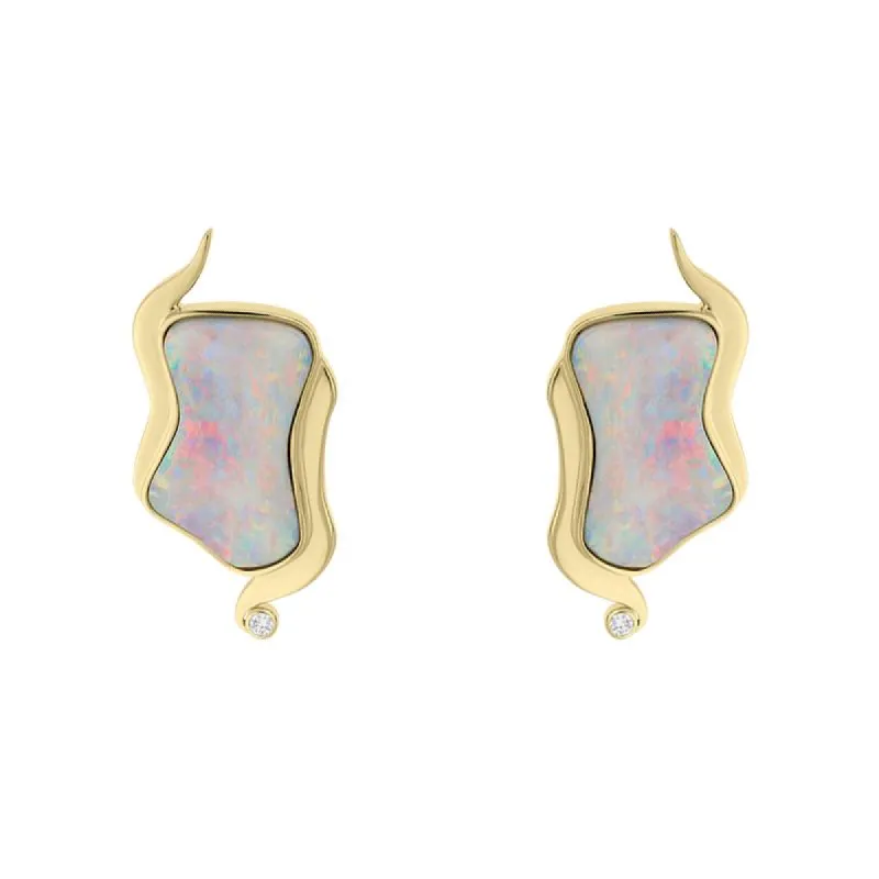 18ct Yellow Gold Opal 0.06ct Diamond Unique Wavy Earrings sold by Jura Watches