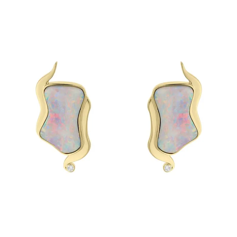 18ct Yellow Gold Opal 0.06ct Diamond Unique Wavy Earrings sold by Jura Watches