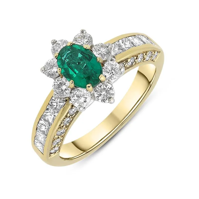 18ct Yellow Gold Emerald Diamond Cluster Ring sold by Jura Watches