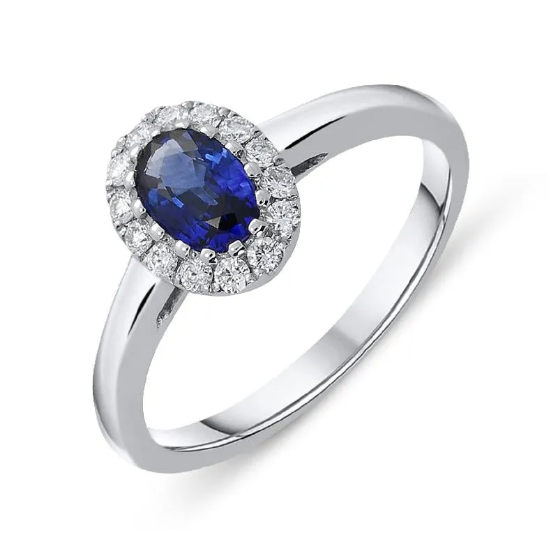 18ct White Gold 0.55ct Sapphire Diamond Halo Ring sold by Jura Watches