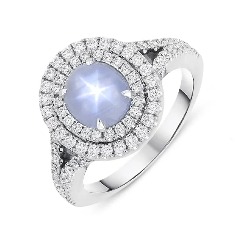 18ct White Gold 2.27ct Star Sapphire Diamond Double Halo Ring D sold by Jura Watches