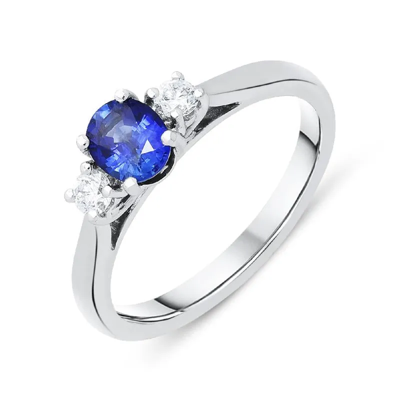 18ct White Gold 0.70ct Sapphire Diamond Oval Trilogy Ring sold by Jura Watches