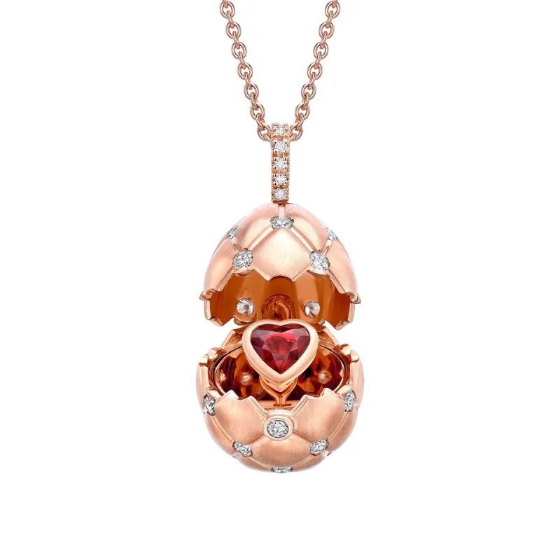Faberge Treillage 18ct Rose Gold Diamond Ruby Heart Surprise Egg Pendant sold by Jura Watches