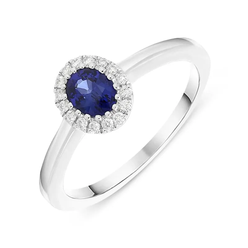 18ct White Gold Sapphire Diamond Halo Ring sold by Jura Watches