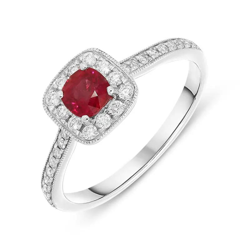 18ct White Gold 0.49ct Ruby Diamond Cushion Ring sold by Jura Watches