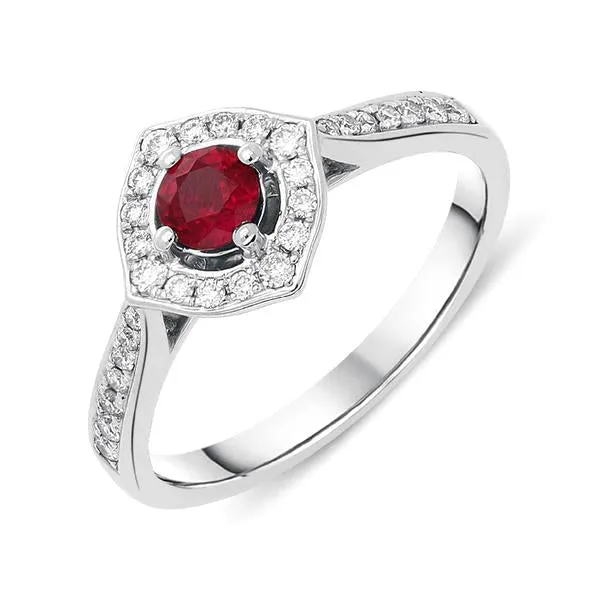 18ct White Gold 0.41ct Ruby Diamond Round Cut Cluster Ring sold by Jura Watches