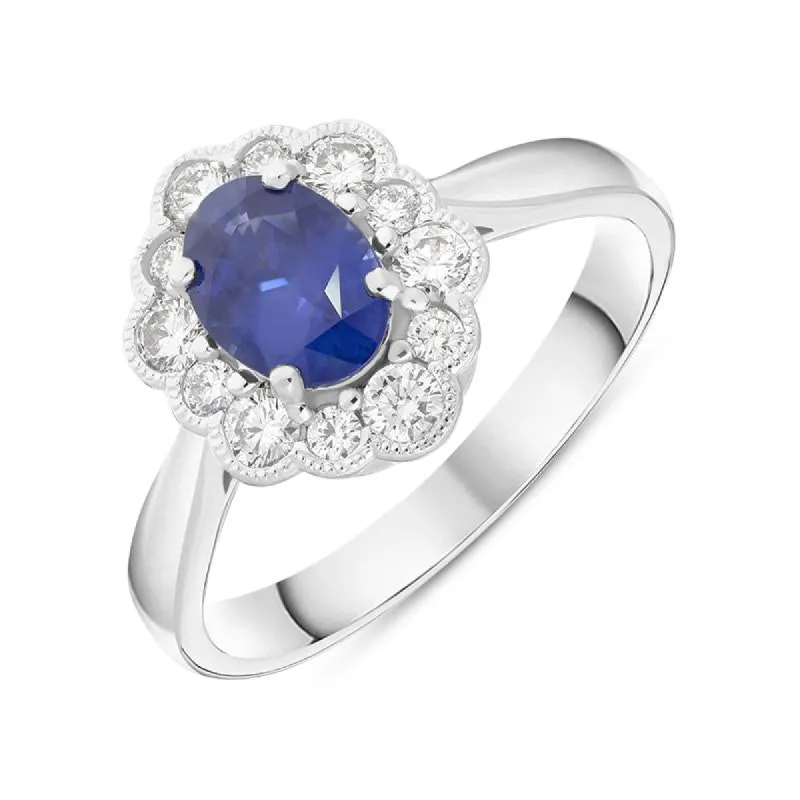 18ct White Gold 0.98ct Sapphire 0.40ct Diamond Flower Cluster Ring sold by Jura Watches