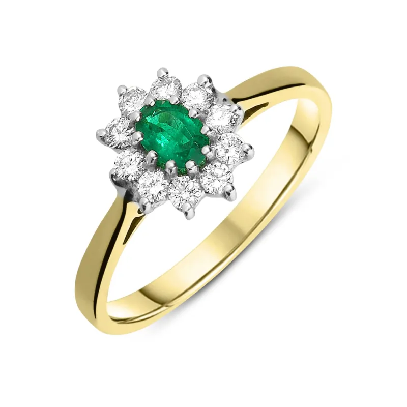 18ct Yellow Gold Emerald Diamond Cluster Ring D sold by Jura Watches