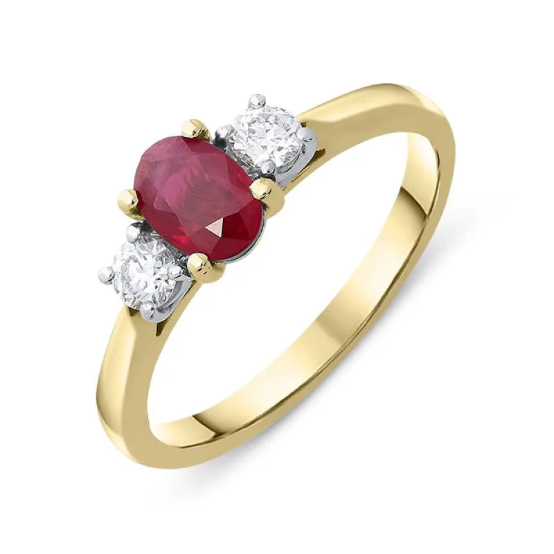 18ct Yellow Gold 0.65ct Ruby Diamond Trilogy Ring sold by Jura Watches