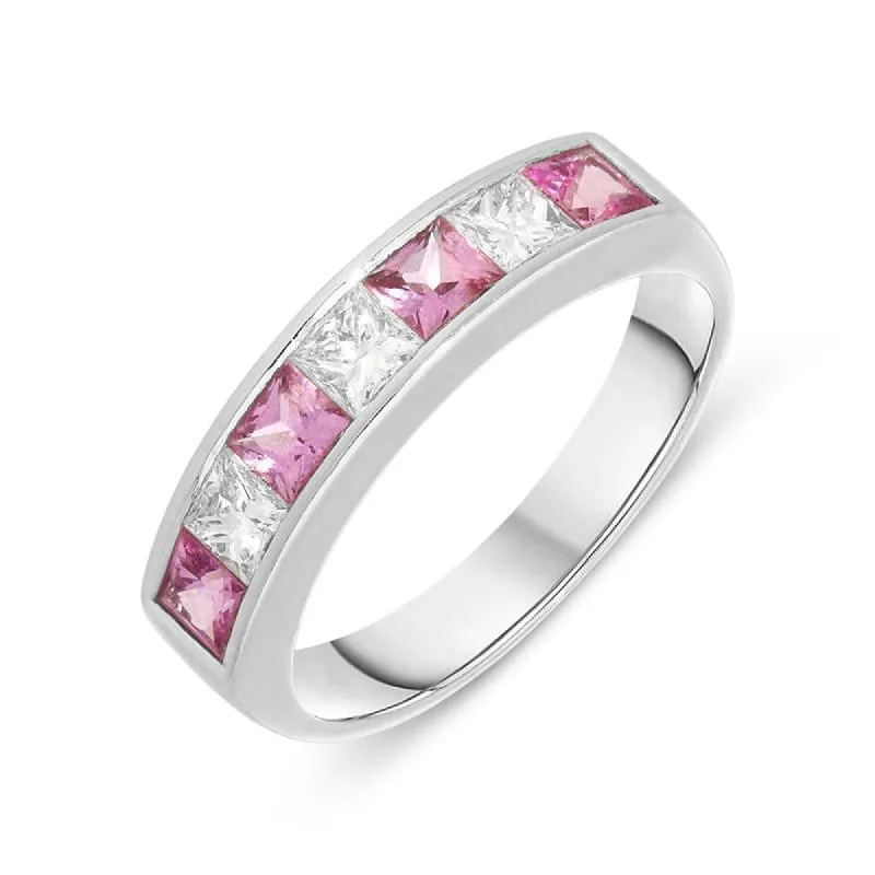 18ct White Gold Pink Sapphire Diamond Princess Cut Half Eternity Ring sold by Jura Watches