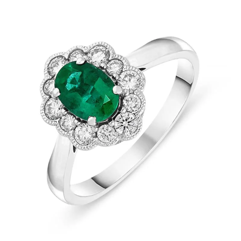 18ct White Gold 0.66ct Emerald and Diamond Cluster Ring sold by Jura Watches
