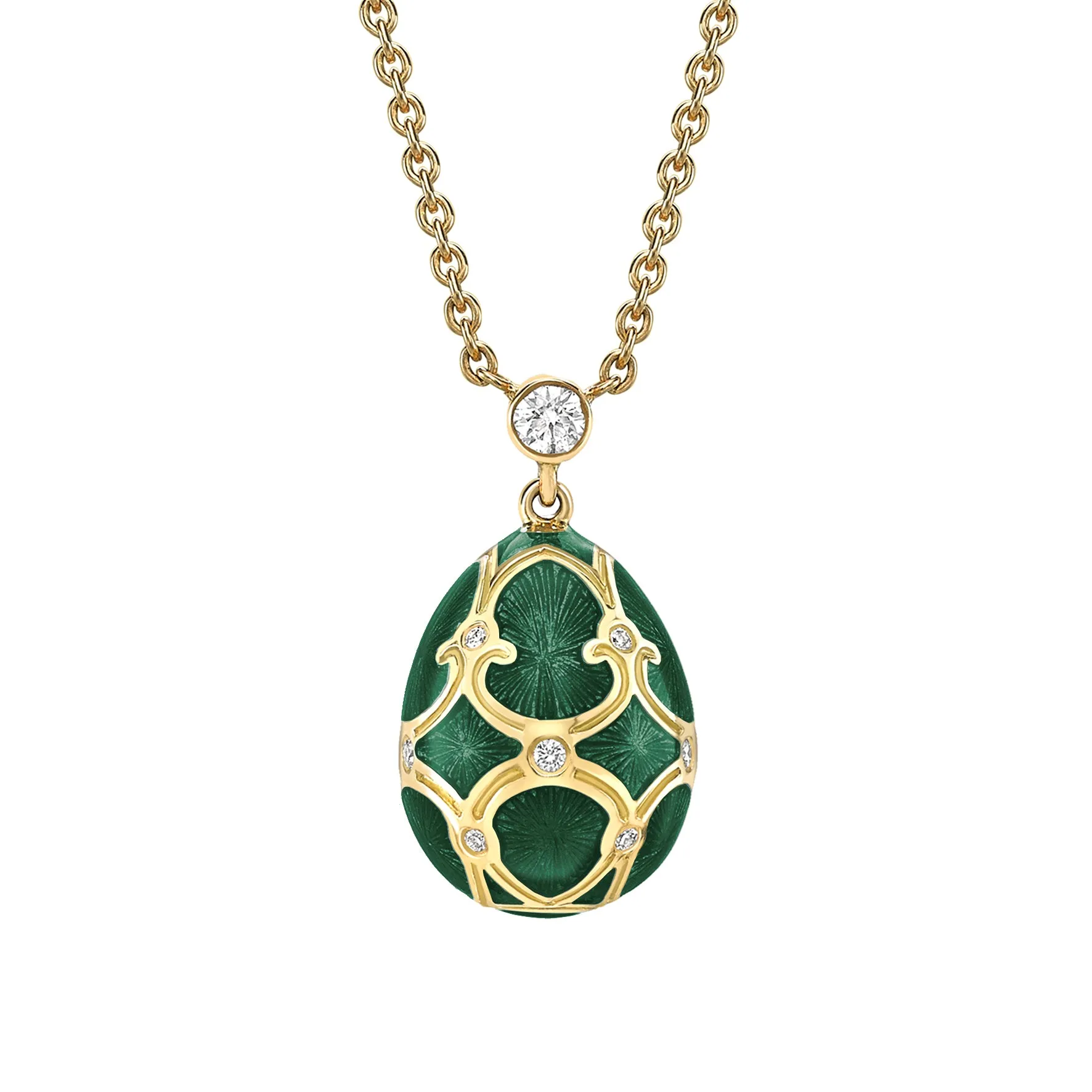 Faberge Heritage Yellow Gold Diamond & Green Guilloché Enamel Petite Egg Pendant sold by Jura Watches