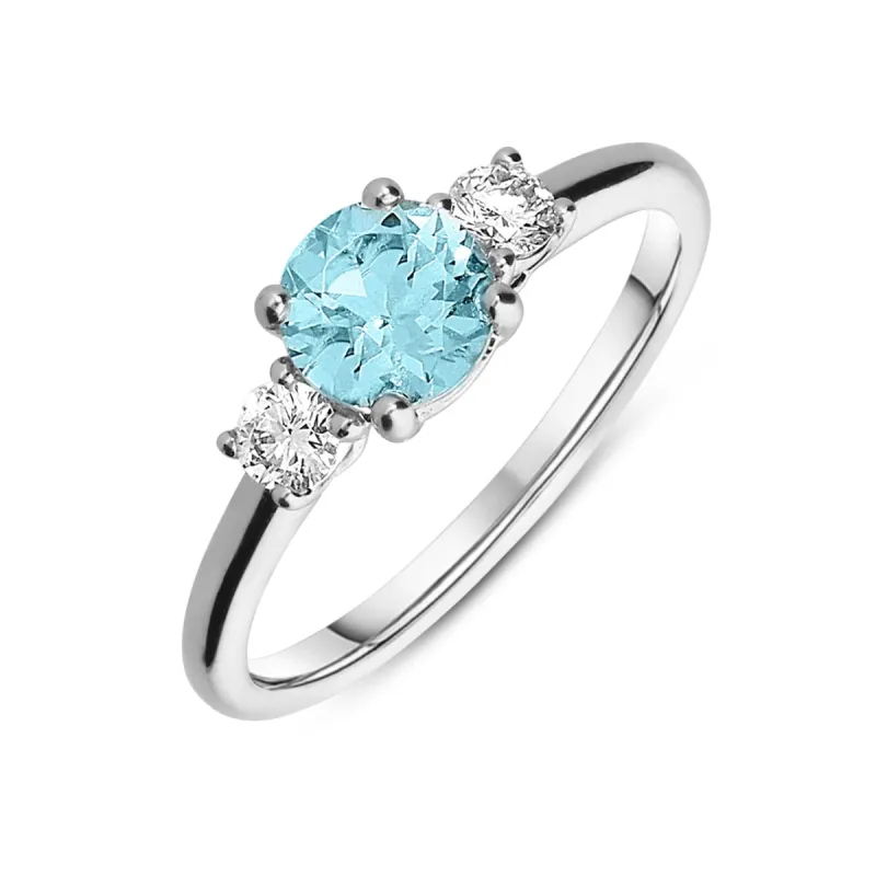 18ct White Gold 0.71ct Aquamarine and Diamond Three Stone Ring sold by Jura Watches