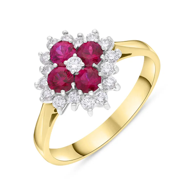 18ct Yellow Gold Ruby Diamond Floral Cluster Ring sold by Jura Watches