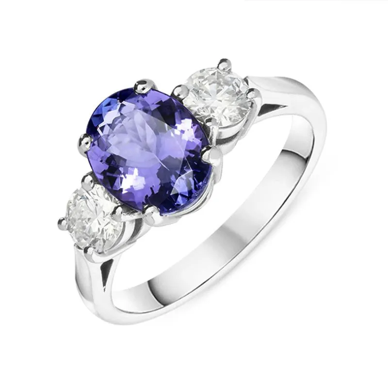 18ct White Gold 3.49ct Tanzanite Diamond Oval Cut Trilogy Ring D sold by Jura Watches
