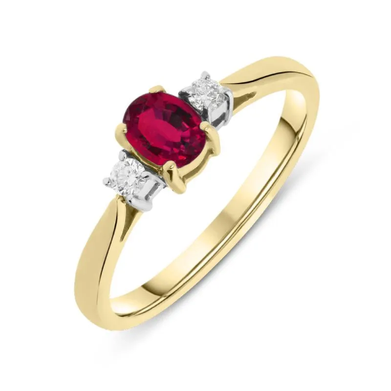 18ct Yellow Gold Ruby Diamond Oval Cut Trilogy Ring sold by Jura Watches