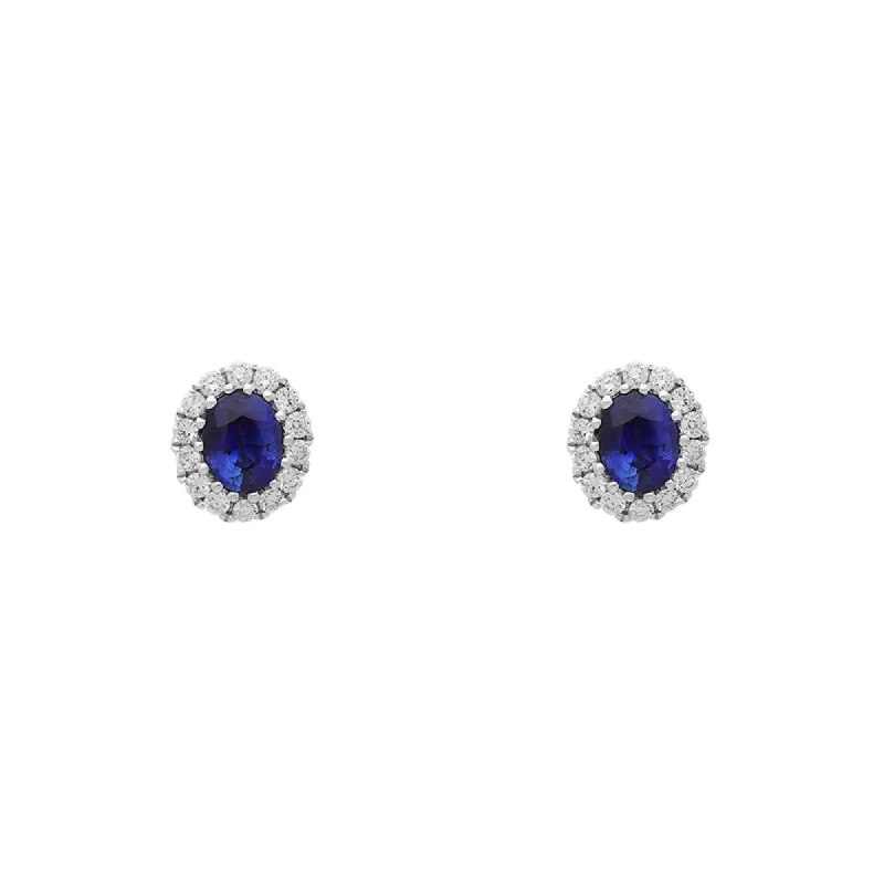 18ct White Gold 0.56ct Sapphire and Diamond Oval Cluster Earrings sold by Jura Watches